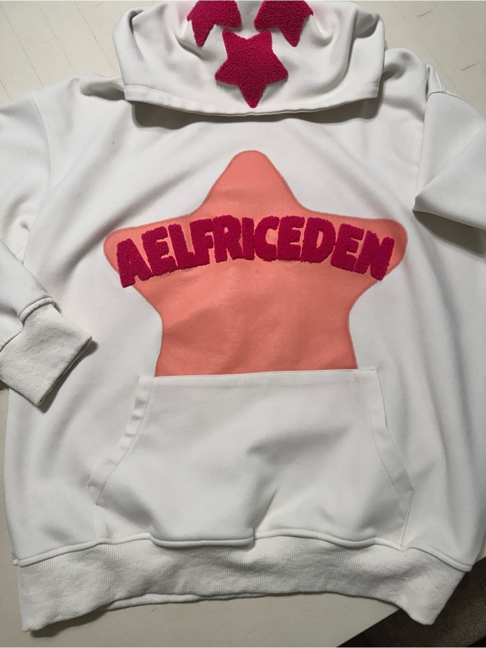 Aelfric Eden White Hoodie with Peach Star and Hot Pink Lettering